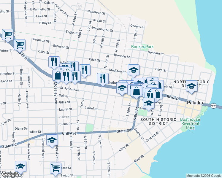 map of restaurants, bars, coffee shops, grocery stores, and more near 1223 Reid Street in Palatka