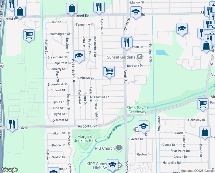 map of restaurants, bars, coffee shops, grocery stores, and more near 3522 Bloomfield Street in Houston