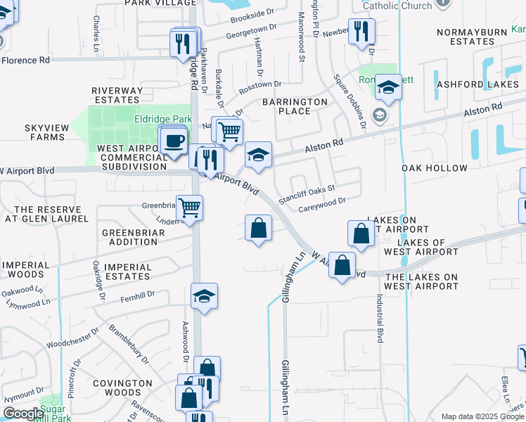 map of restaurants, bars, coffee shops, grocery stores, and more near 13151 West Airport Boulevard in Sugar Land