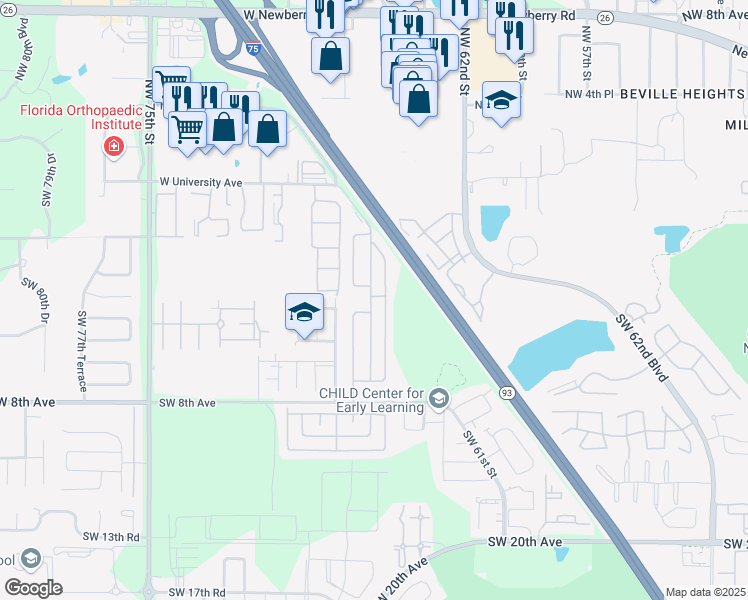 map of restaurants, bars, coffee shops, grocery stores, and more near 137 Castle Drive in Gainesville