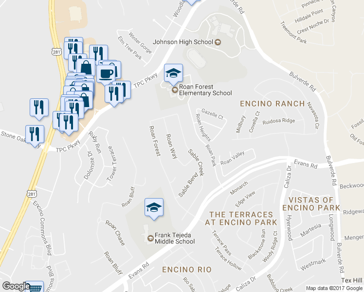 map of restaurants, bars, coffee shops, grocery stores, and more near 3315 Sable Creek in San Antonio