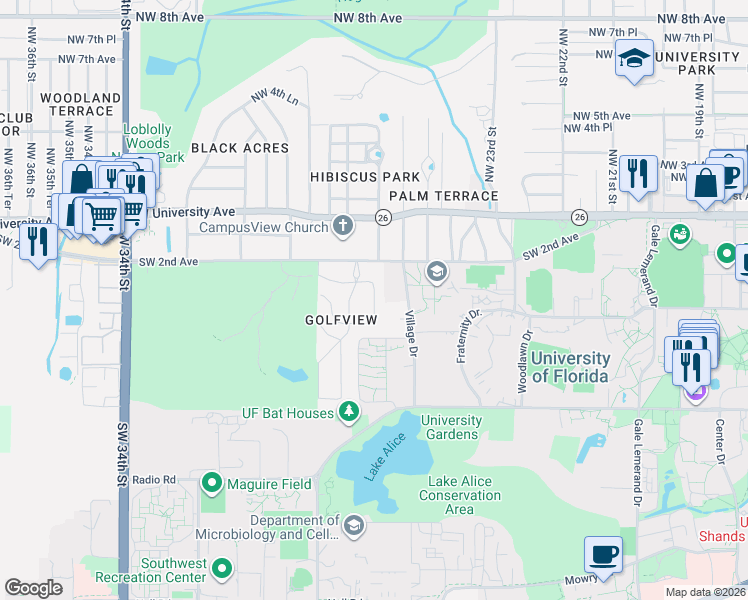map of restaurants, bars, coffee shops, grocery stores, and more near 327 Southwest 26th Street in Gainesville