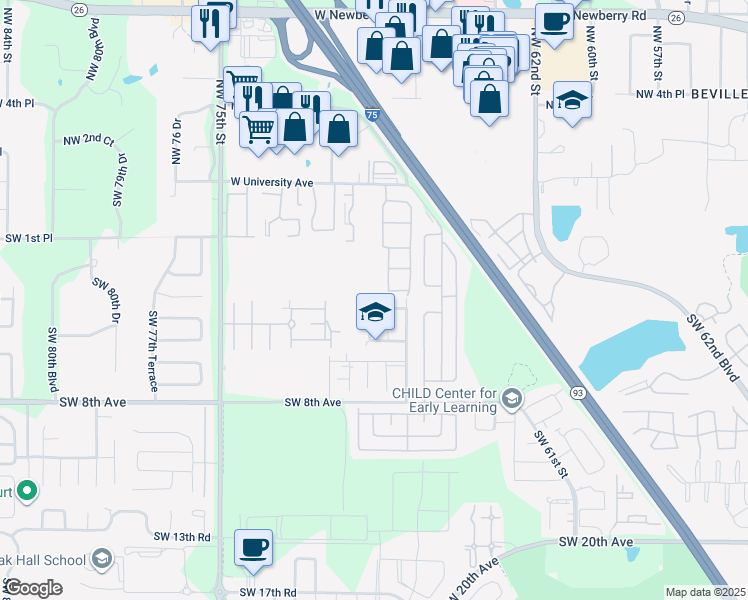 map of restaurants, bars, coffee shops, grocery stores, and more near 6826 Southwest 4th Place in Gainesville