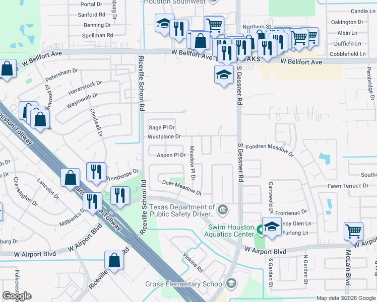 map of restaurants, bars, coffee shops, grocery stores, and more near 11830 Meadow Place Drive in Houston