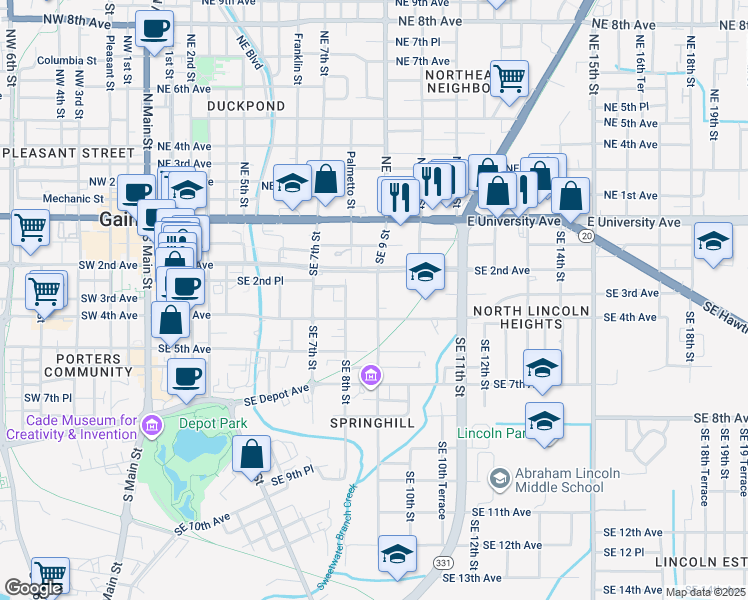 map of restaurants, bars, coffee shops, grocery stores, and more near 310 Southeast 9 Street in Gainesville
