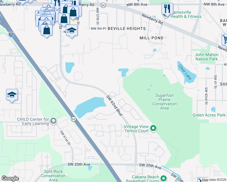 map of restaurants, bars, coffee shops, grocery stores, and more near 5412 Southwest 4th Place in Gainesville