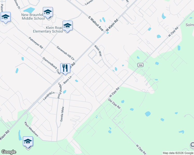 map of restaurants, bars, coffee shops, grocery stores, and more near 721 Rain Dance in New Braunfels