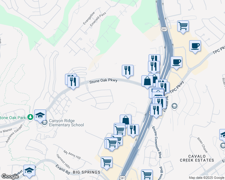 map of restaurants, bars, coffee shops, grocery stores, and more near 38 Glen Canyon in San Antonio