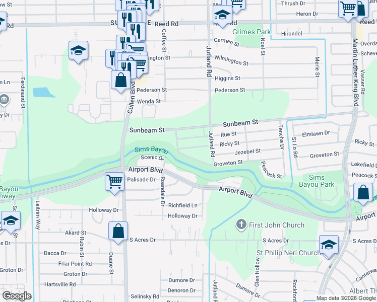 map of restaurants, bars, coffee shops, grocery stores, and more near 4914 Ricky Street in Houston