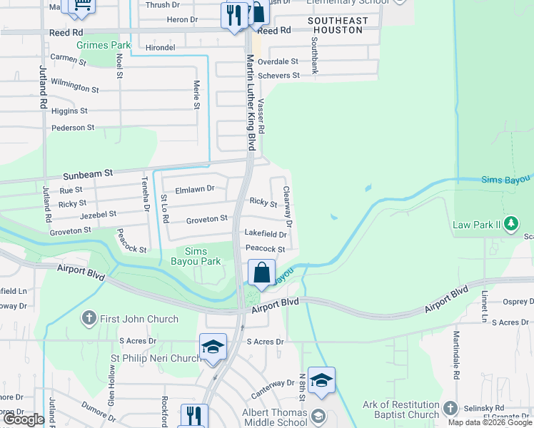 map of restaurants, bars, coffee shops, grocery stores, and more near 5731 Groveton Street in Houston