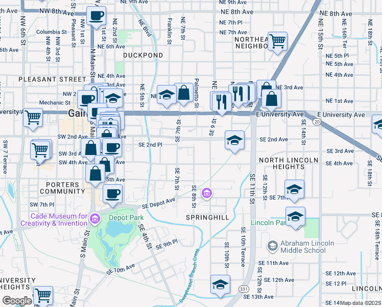 map of restaurants, bars, coffee shops, grocery stores, and more near 747 Southeast 2nd Place in Gainesville