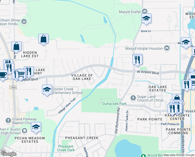 map of restaurants, bars, coffee shops, grocery stores, and more near 16450 Concord Falls Lane in Sugar Land