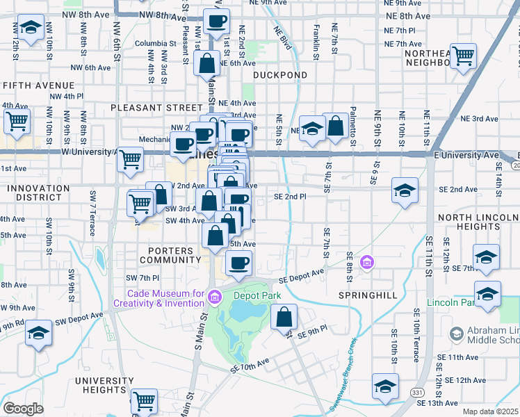 map of restaurants, bars, coffee shops, grocery stores, and more near 321g Southeast 4th Street in Gainesville