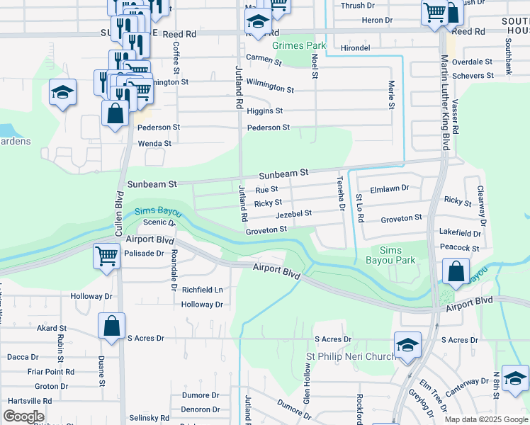 map of restaurants, bars, coffee shops, grocery stores, and more near 5121 Jezebel Street in Houston