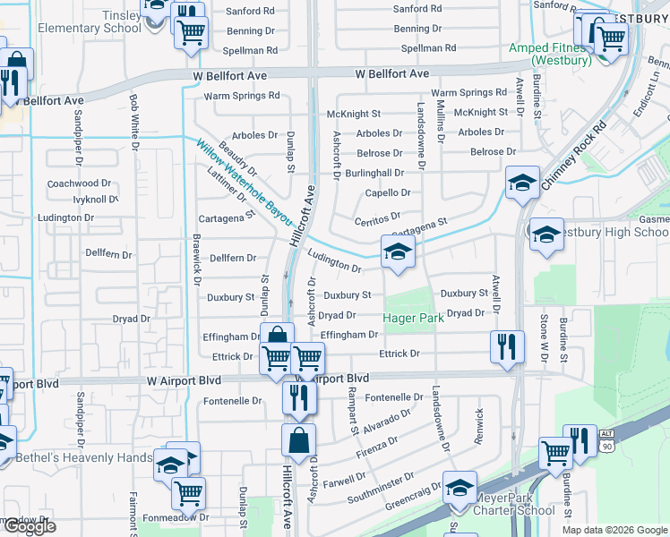 map of restaurants, bars, coffee shops, grocery stores, and more near 5827 Ludington Drive in Houston