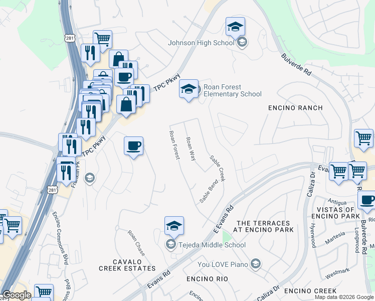 map of restaurants, bars, coffee shops, grocery stores, and more near 3231 Roan Way in San Antonio