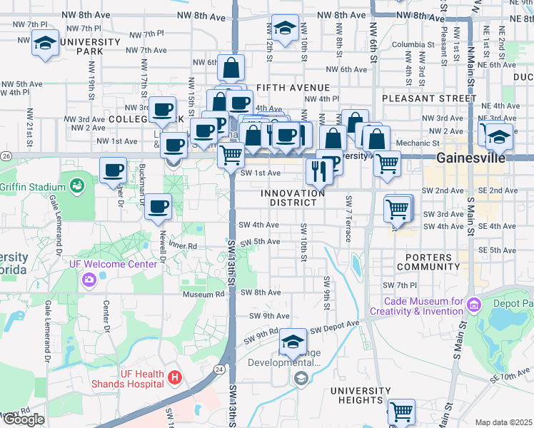 map of restaurants, bars, coffee shops, grocery stores, and more near 310 Southwest 12th Street in Gainesville