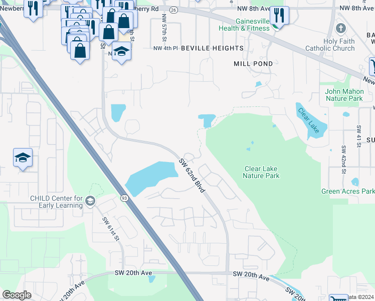 map of restaurants, bars, coffee shops, grocery stores, and more near 5504 Southwest 4th Place in Gainesville