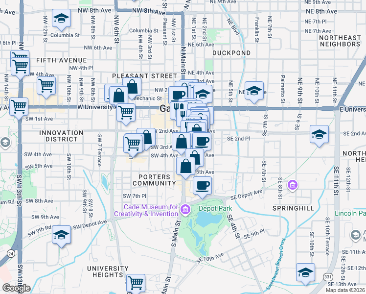 map of restaurants, bars, coffee shops, grocery stores, and more near 1 Southwest 3rd Avenue in Gainesville