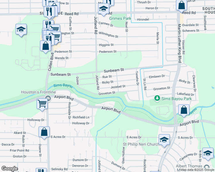 map of restaurants, bars, coffee shops, grocery stores, and more near 5129 Jezebel Street in Houston