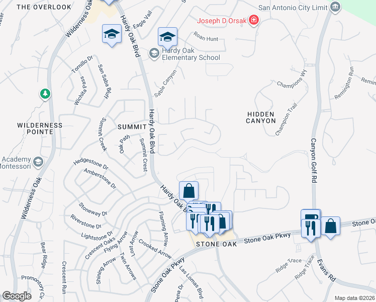 map of restaurants, bars, coffee shops, grocery stores, and more near 242 Majestic Bluff in San Antonio