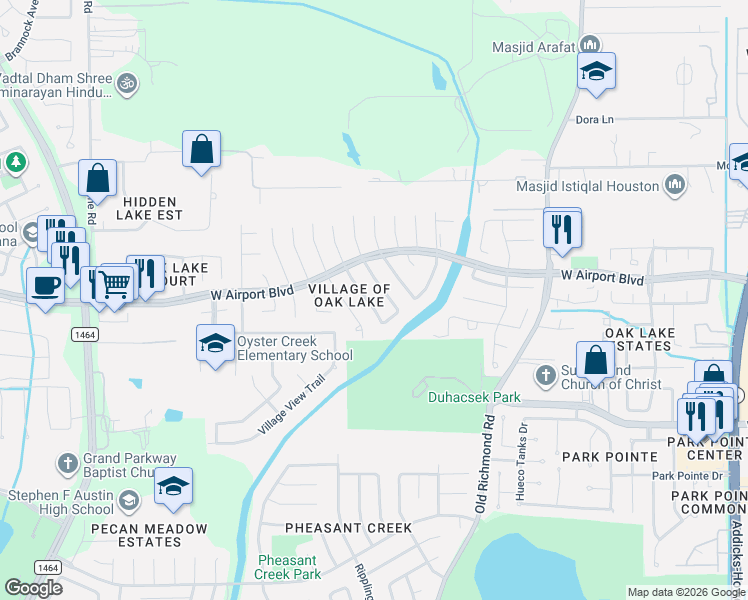 map of restaurants, bars, coffee shops, grocery stores, and more near 16439 Elmwood Point Ln in Sugar Land