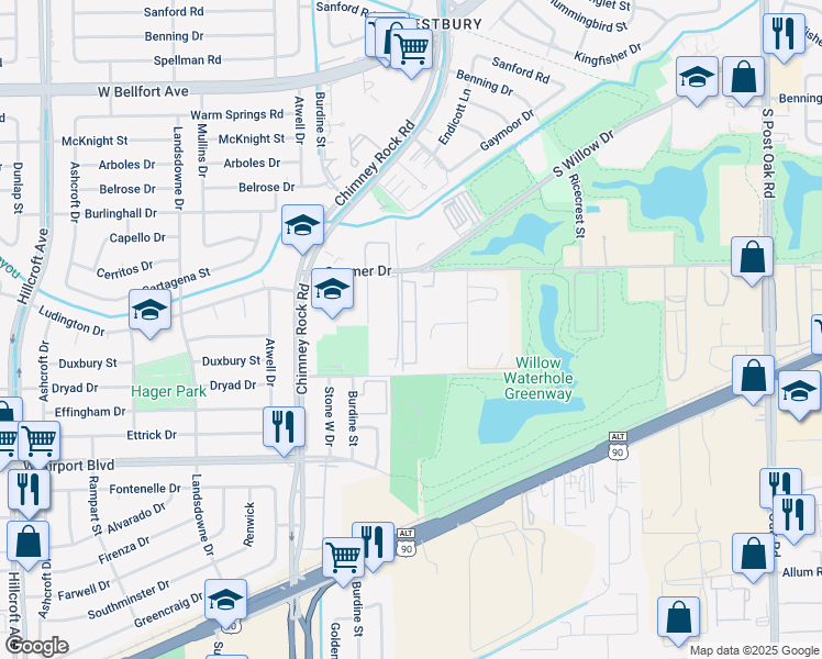 map of restaurants, bars, coffee shops, grocery stores, and more near 5555 Gasmer Drive in Houston
