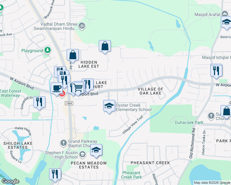 map of restaurants, bars, coffee shops, grocery stores, and more near 16402 Maple Downs Lane in Sugar Land