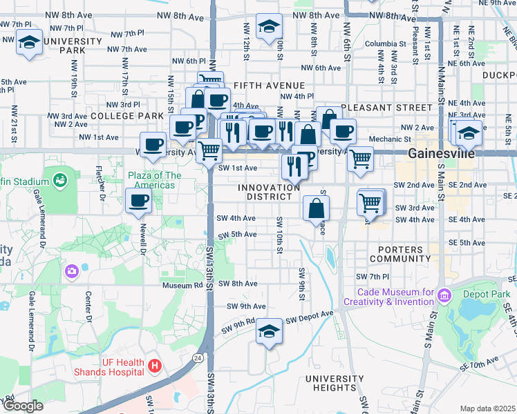 map of restaurants, bars, coffee shops, grocery stores, and more near 1113 Southwest 3rd Avenue in Gainesville