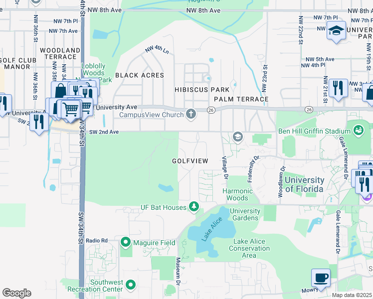 map of restaurants, bars, coffee shops, grocery stores, and more near 2732 Southwest 4th Place in Gainesville
