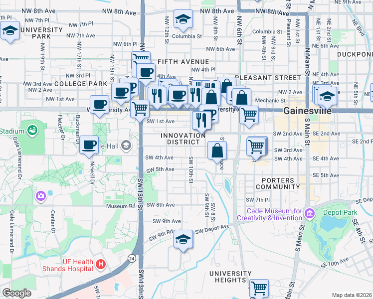 map of restaurants, bars, coffee shops, grocery stores, and more near 1005 Southwest 3rd Avenue in Gainesville