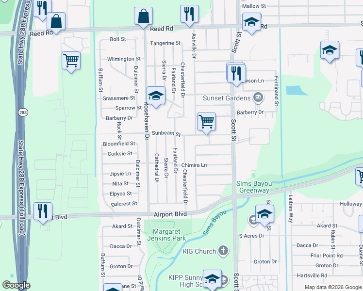 map of restaurants, bars, coffee shops, grocery stores, and more near 10018 Chesterfield Drive in Houston