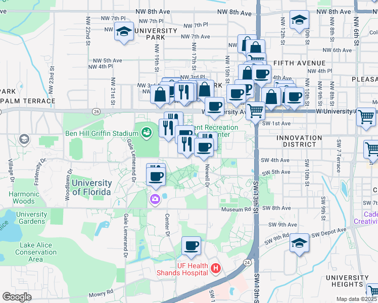 map of restaurants, bars, coffee shops, grocery stores, and more near 1700 Stadium Road in Gainesville