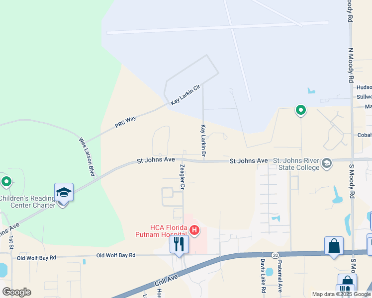map of restaurants, bars, coffee shops, grocery stores, and more near 110 Kay Larkin Drive in Palatka