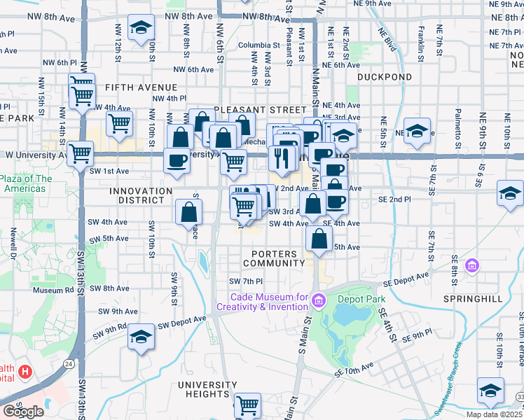 map of restaurants, bars, coffee shops, grocery stores, and more near 404 Southwest 3rd Avenue in Gainesville