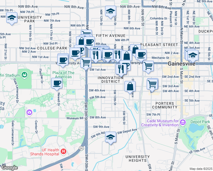 map of restaurants, bars, coffee shops, grocery stores, and more near 1113 Southwest 3rd Avenue in Gainesville