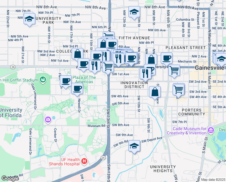 map of restaurants, bars, coffee shops, grocery stores, and more near 1231 Southwest 3rd Avenue in Gainesville
