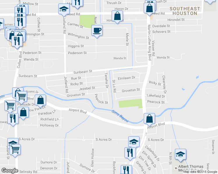 map of restaurants, bars, coffee shops, grocery stores, and more near 5426 Jezebel Street in Houston