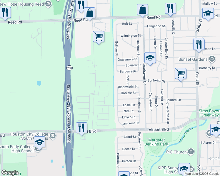 map of restaurants, bars, coffee shops, grocery stores, and more near 10106 Buffum Street in Houston