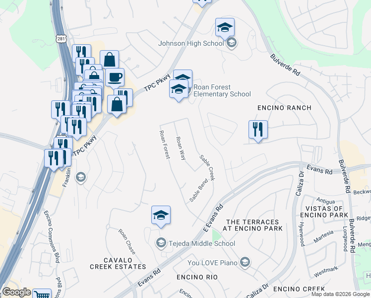 map of restaurants, bars, coffee shops, grocery stores, and more near 3315 Sable Creek in San Antonio