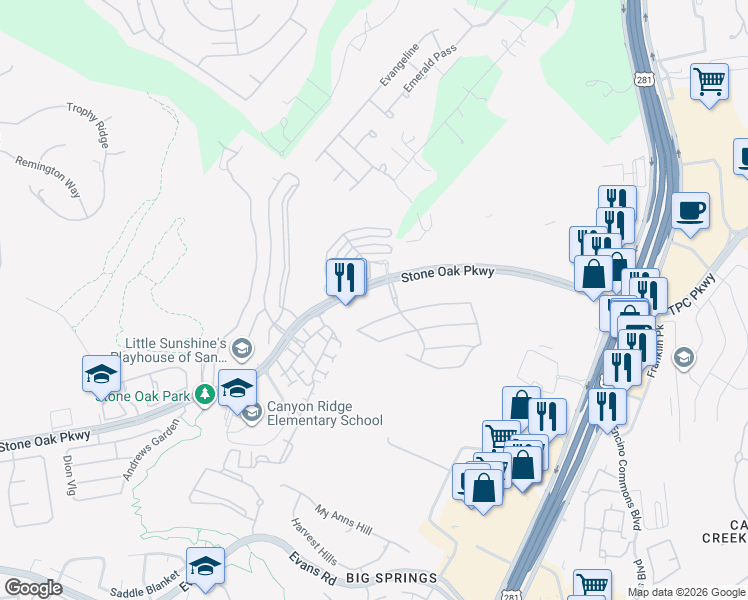 map of restaurants, bars, coffee shops, grocery stores, and more near 20650 Stone Oak Parkway in San Antonio