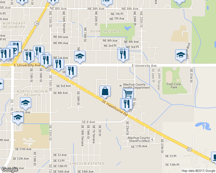 map of restaurants, bars, coffee shops, grocery stores, and more near 303 Southeast 21st Street in Gainesville
