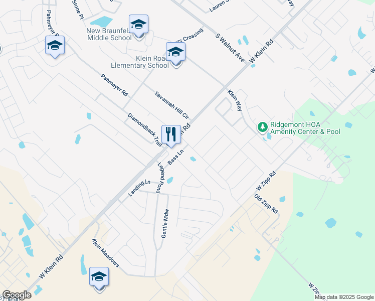 map of restaurants, bars, coffee shops, grocery stores, and more near 159 Bass Lane in New Braunfels