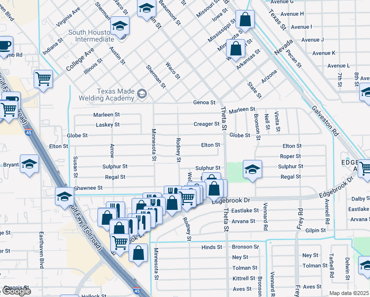 map of restaurants, bars, coffee shops, grocery stores, and more near 930 Elton Street in Houston
