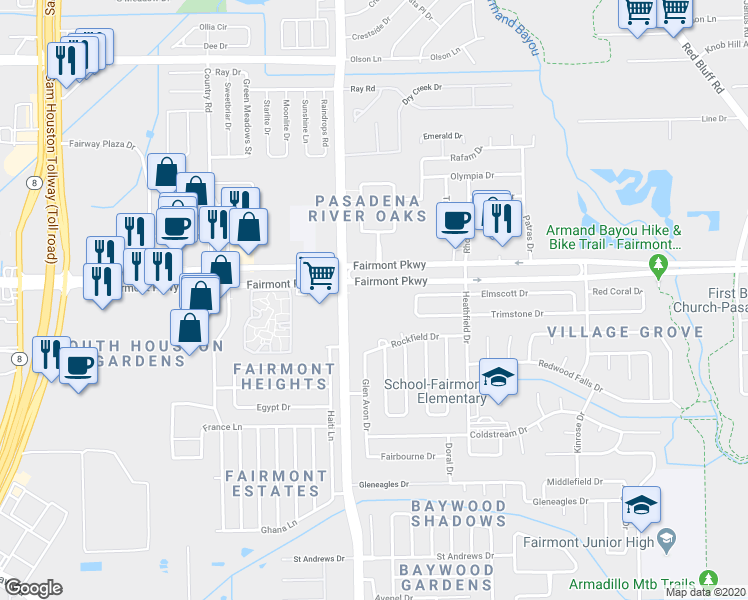 map of restaurants, bars, coffee shops, grocery stores, and more near 6330 Fairmont Parkway in Pasadena