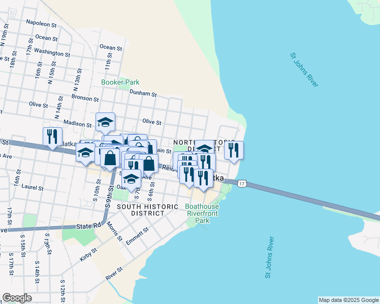 map of restaurants, bars, coffee shops, grocery stores, and more near 303 North 4th Street in Palatka
