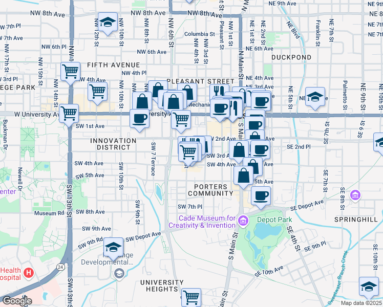 map of restaurants, bars, coffee shops, grocery stores, and more near 404 Southwest 3rd Avenue in Gainesville