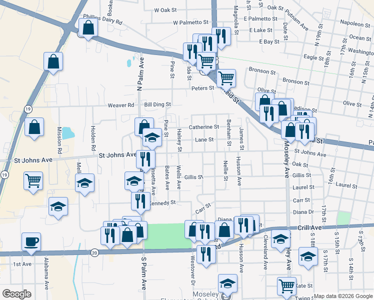map of restaurants, bars, coffee shops, grocery stores, and more near 2806 Saint Johns Avenue in Palatka