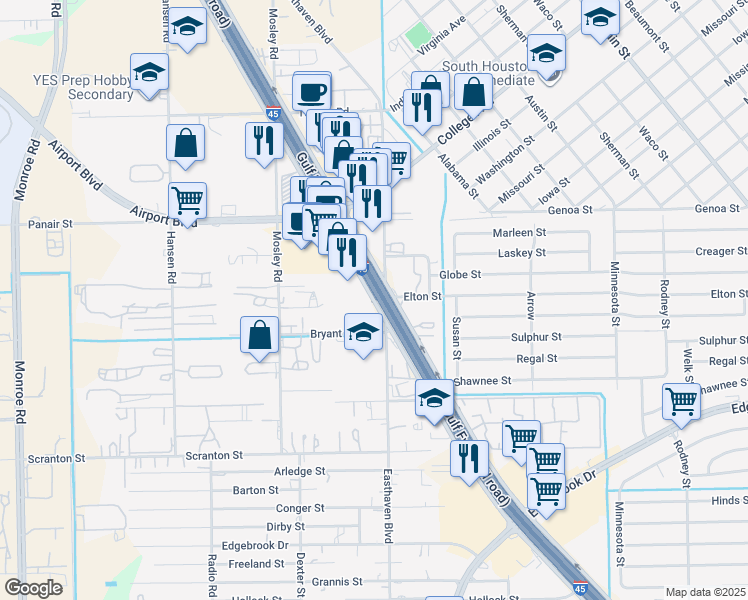map of restaurants, bars, coffee shops, grocery stores, and more near Gulf Freeway in Houston