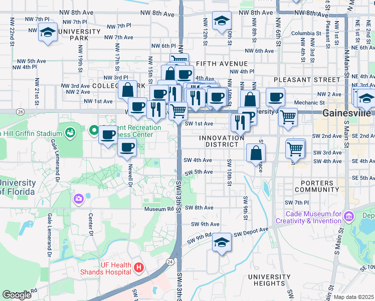 map of restaurants, bars, coffee shops, grocery stores, and more near 311 Southwest 13th Street in Gainesville